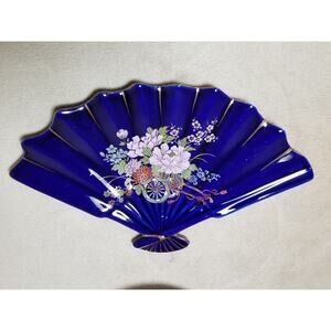 Asian Fan Blue Cobalt Candy Dish Gold Trim 10" Cherry Blossom Ceramic